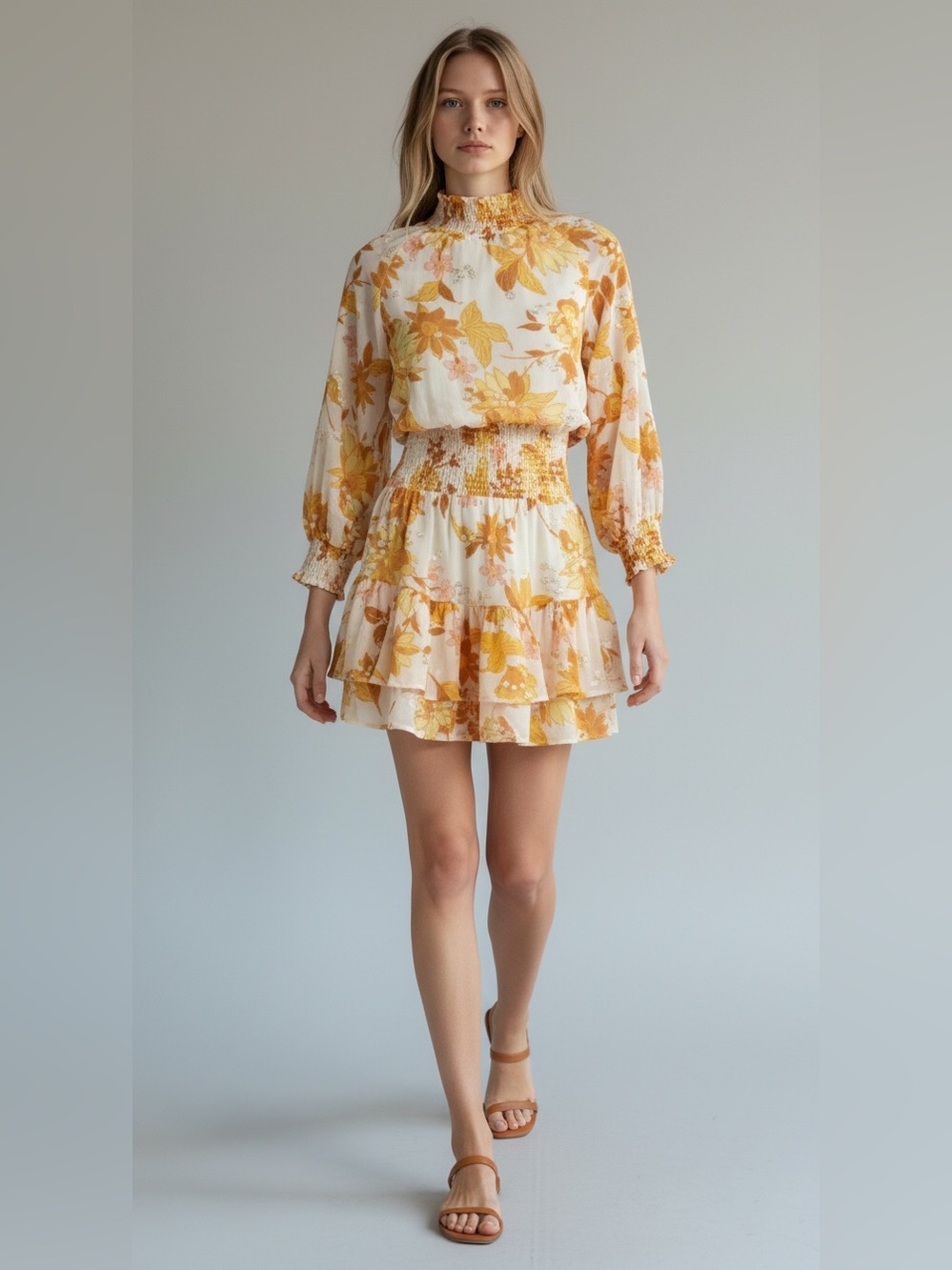 BTFL-life Retro Floral Ambrielle Floral Smocked Long Sleeve Mini Dress Large